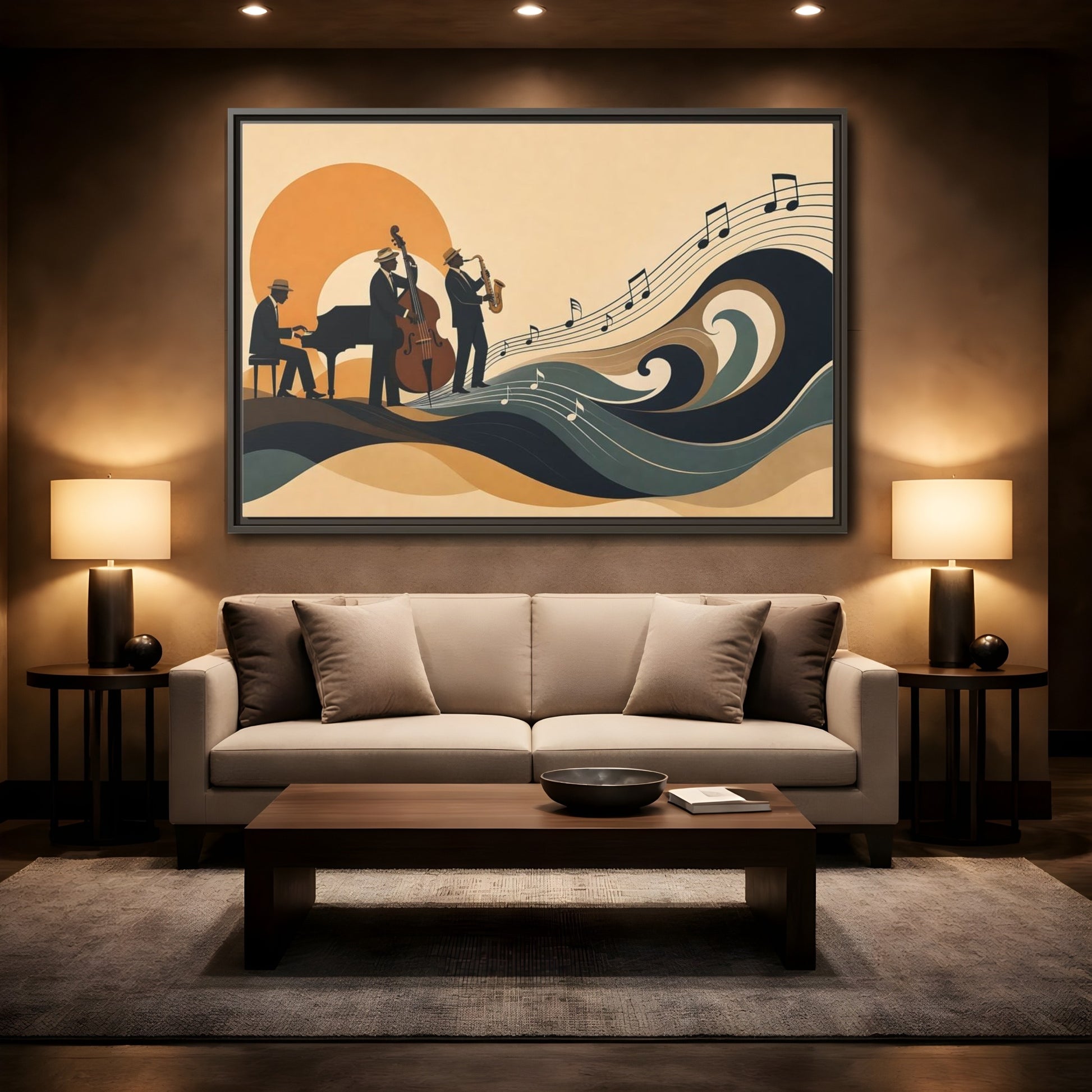 Mockup 2. Sunset Jazz Trio shown as framed canvas print