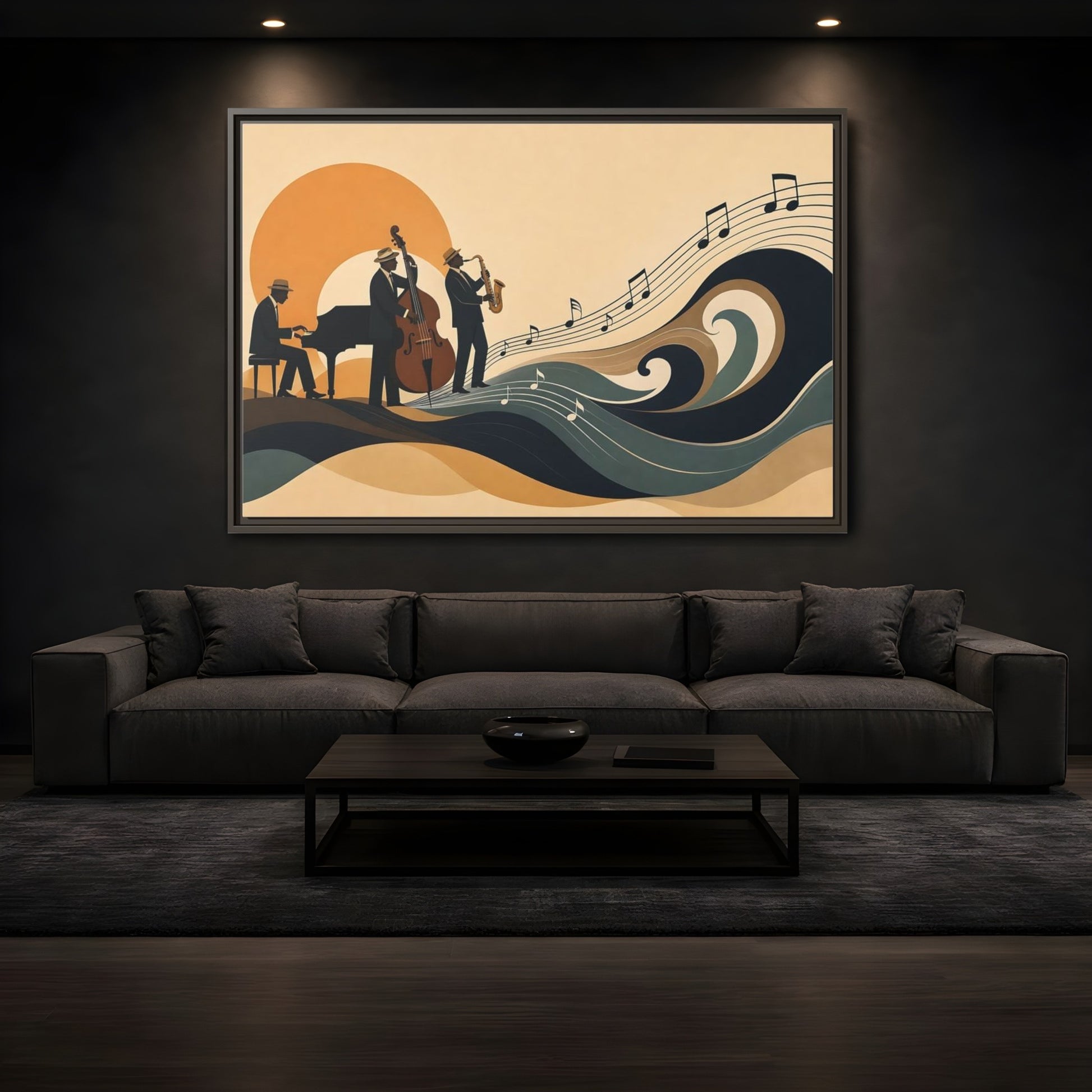 Mockup 3. Sunset Jazz Trio shown as framed canvas print