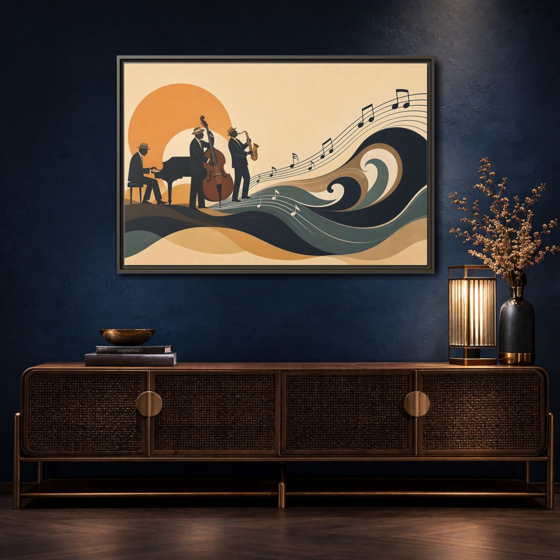 Mockup 4. Sunset Jazz Trio shown as framed canvas print
