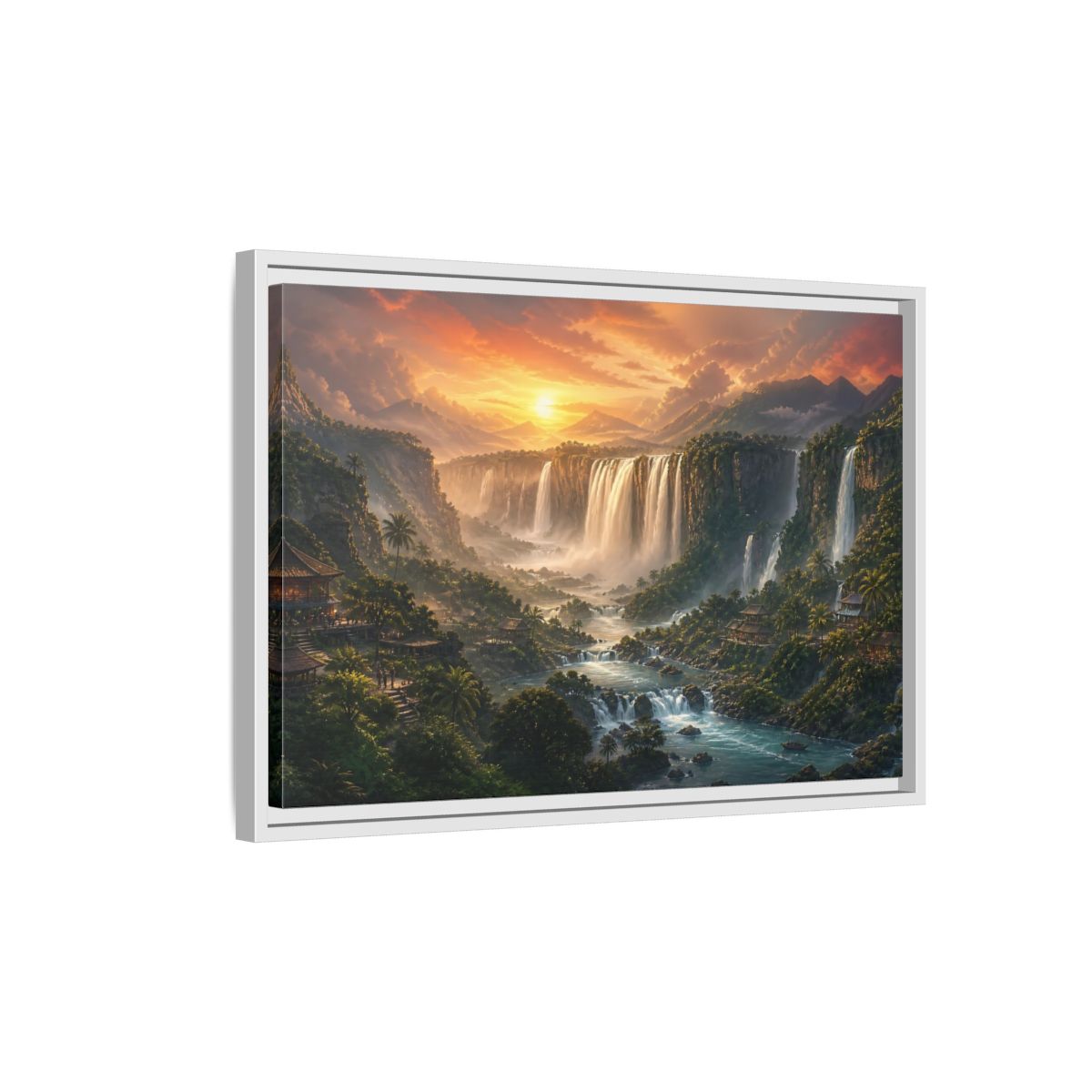 Side Mockup 1. Sunset Jungle Waterfalls shown as framed canvas print