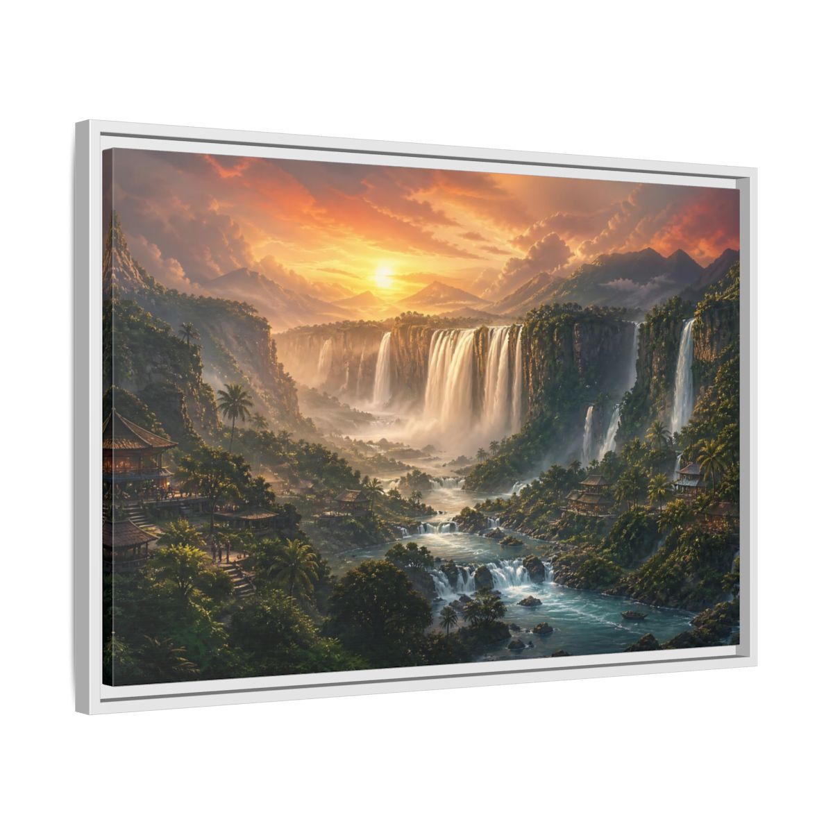 Side Mockup 10. Sunset Jungle Waterfalls shown as framed canvas print