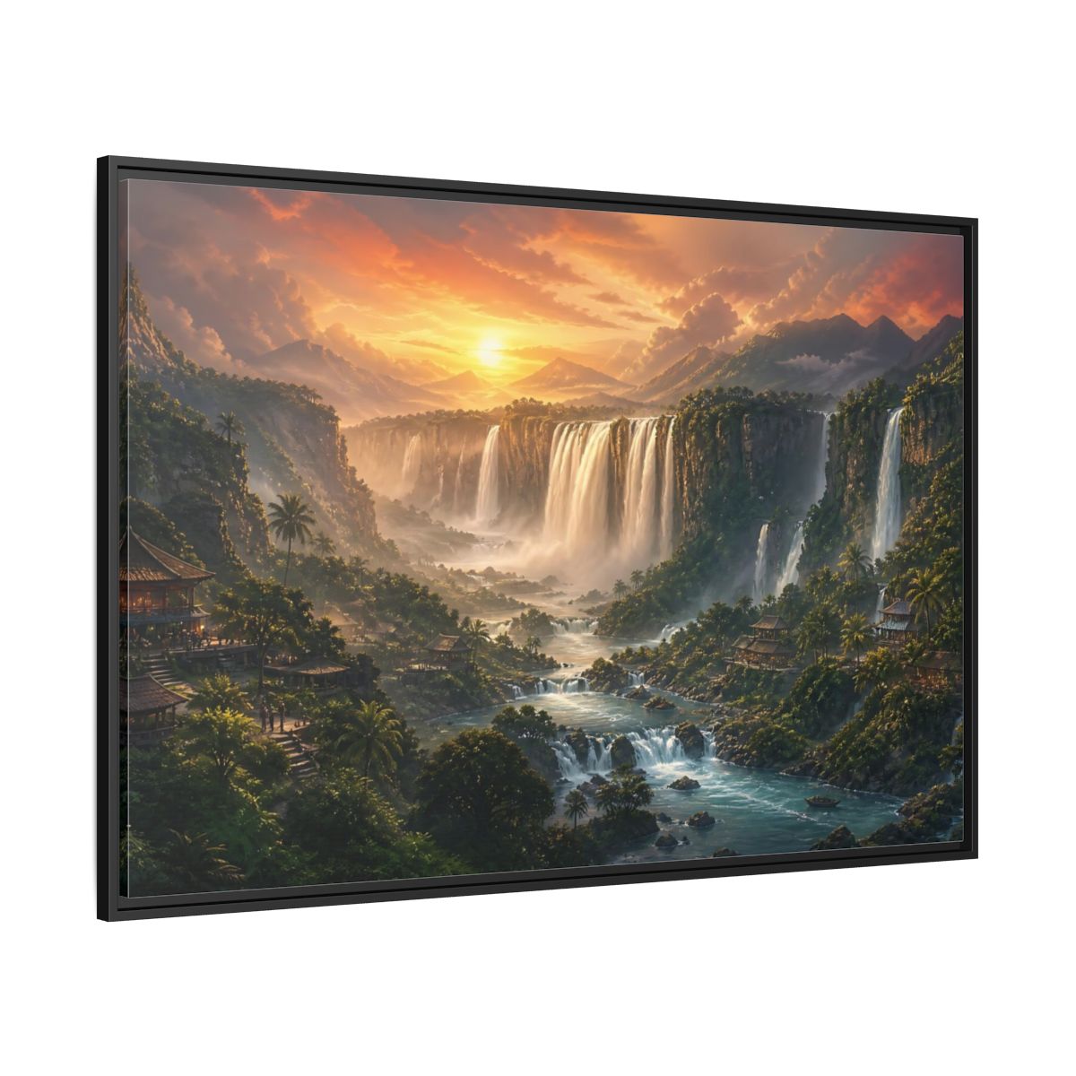 Side Mockup 12. Sunset Jungle Waterfalls shown as framed canvas print