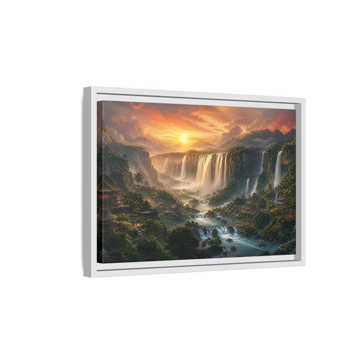 Side Mockup 4. Sunset Jungle Waterfalls shown as framed canvas print