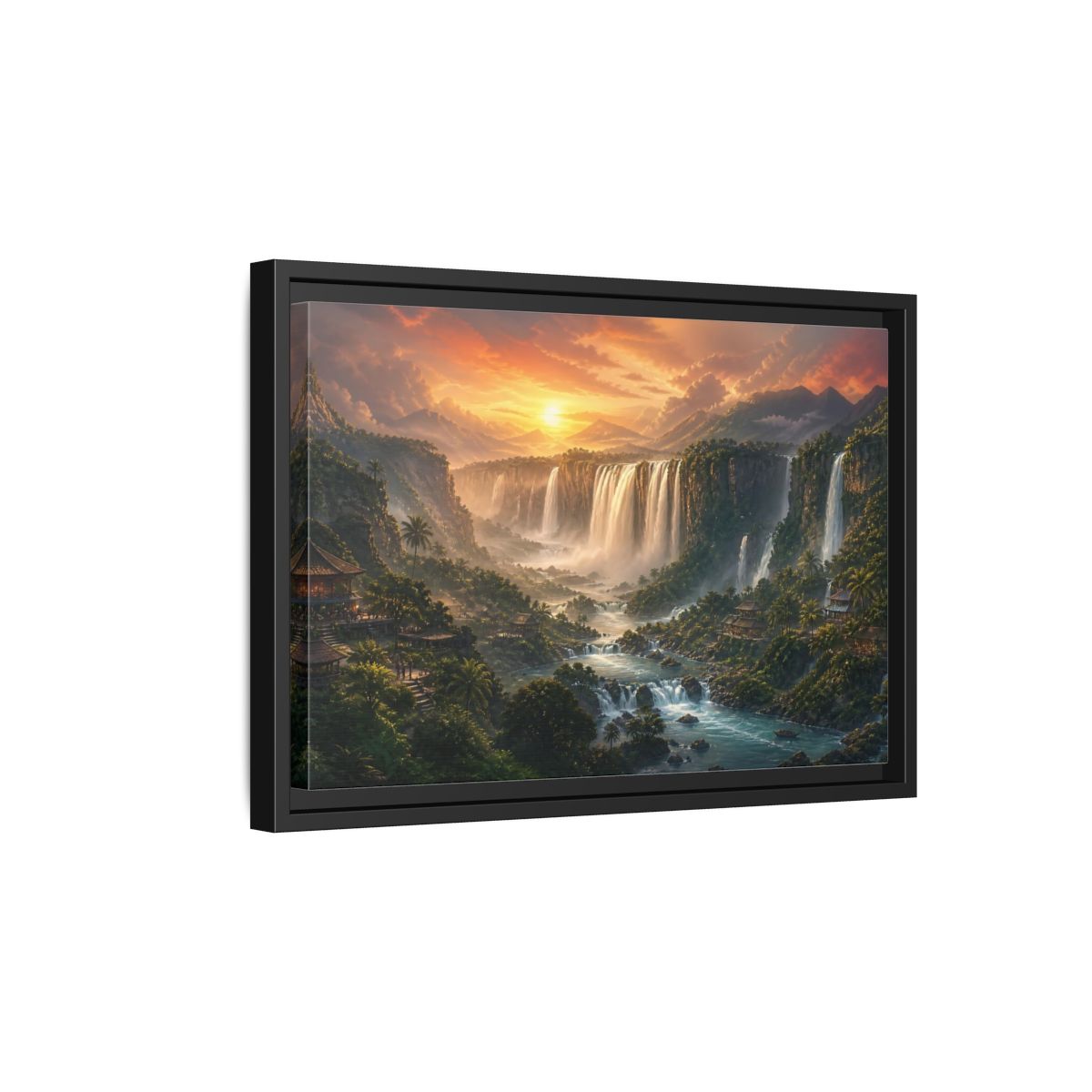 Side Mockup 6. Sunset Jungle Waterfalls shown as framed canvas print