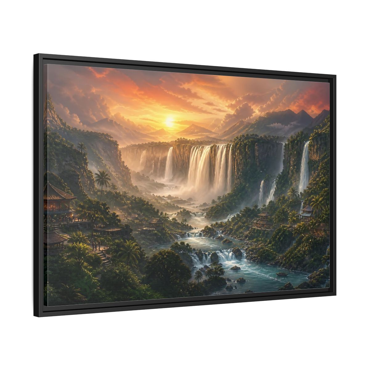 Side Mockup 13. Sunset Jungle Waterfalls shown as framed canvas print