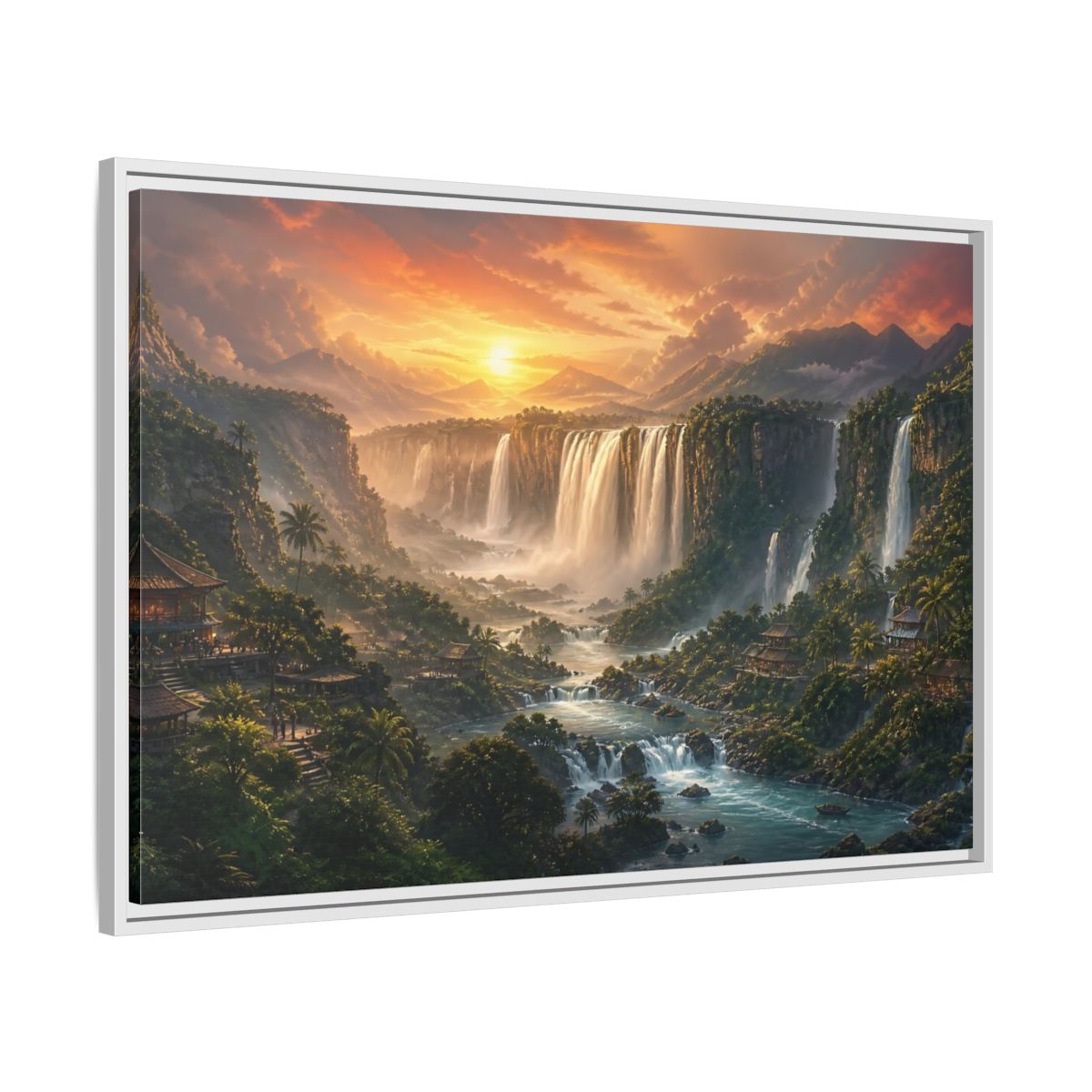 Side Mockup 9. Sunset Jungle Waterfalls shown as framed canvas print