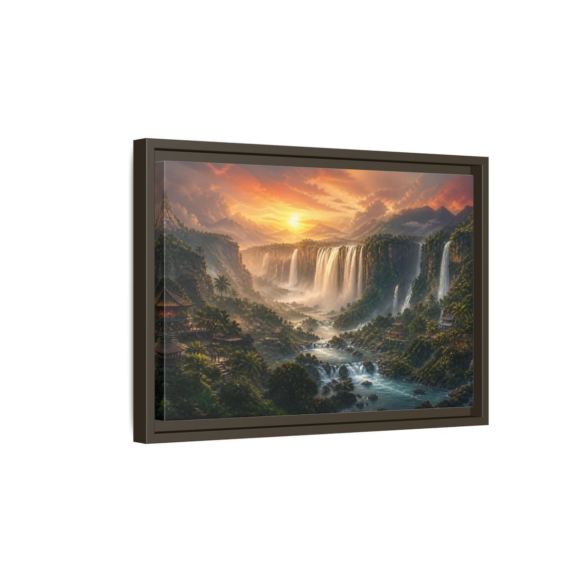 Side Mockup 5. Sunset Jungle Waterfalls shown as framed canvas print