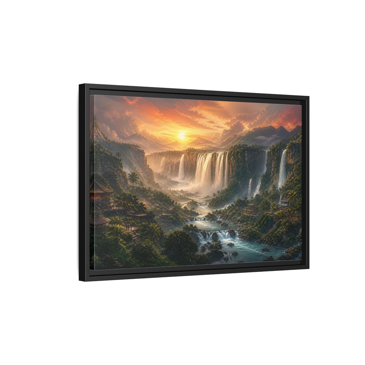 Side Mockup 3. Sunset Jungle Waterfalls shown as framed canvas print