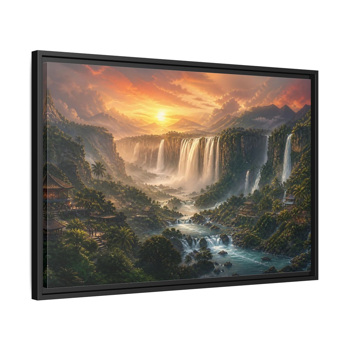 Side Mockup 14. Sunset Jungle Waterfalls shown as framed canvas print