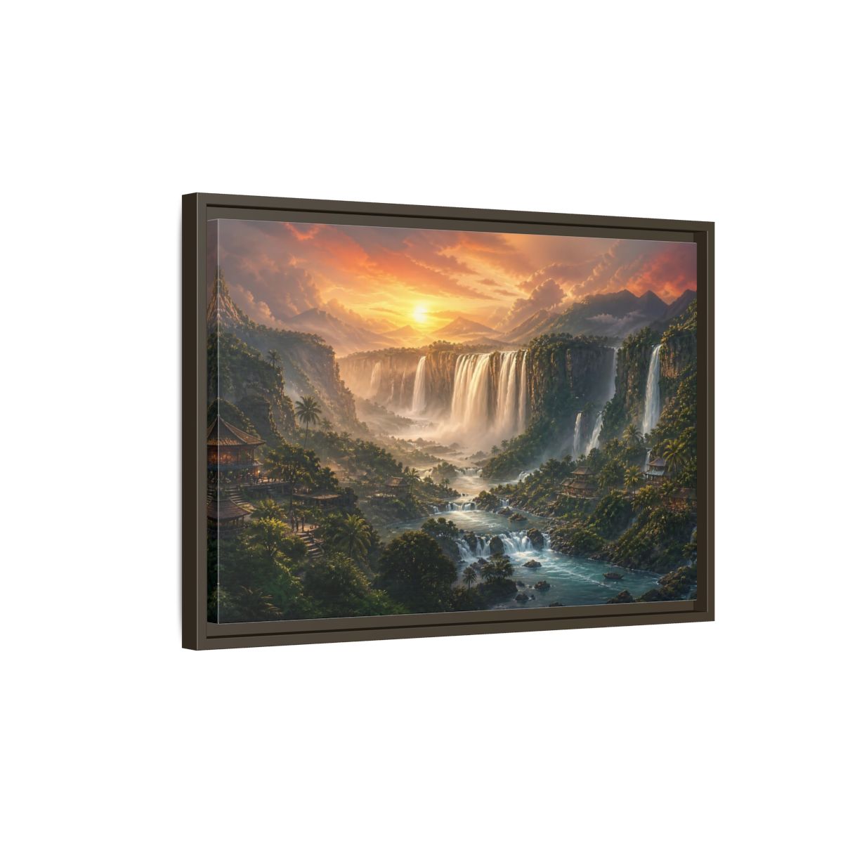 Side Mockup 2. Sunset Jungle Waterfalls shown as framed canvas print