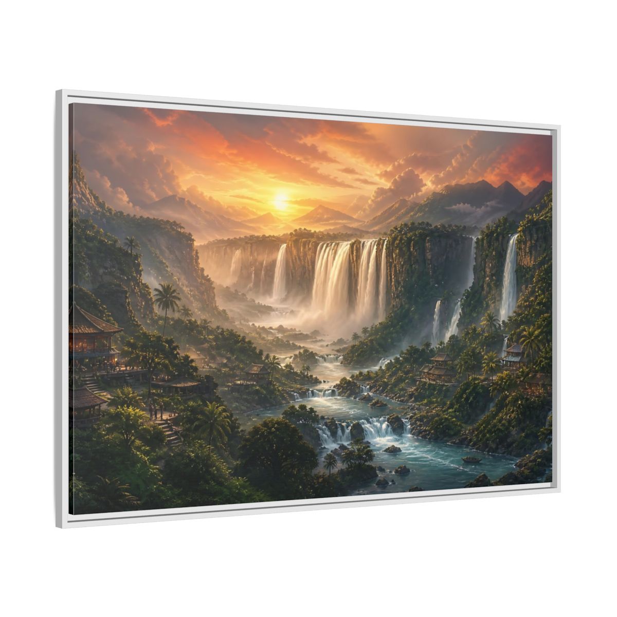 Side Mockup 7. Sunset Jungle Waterfalls shown as framed canvas print