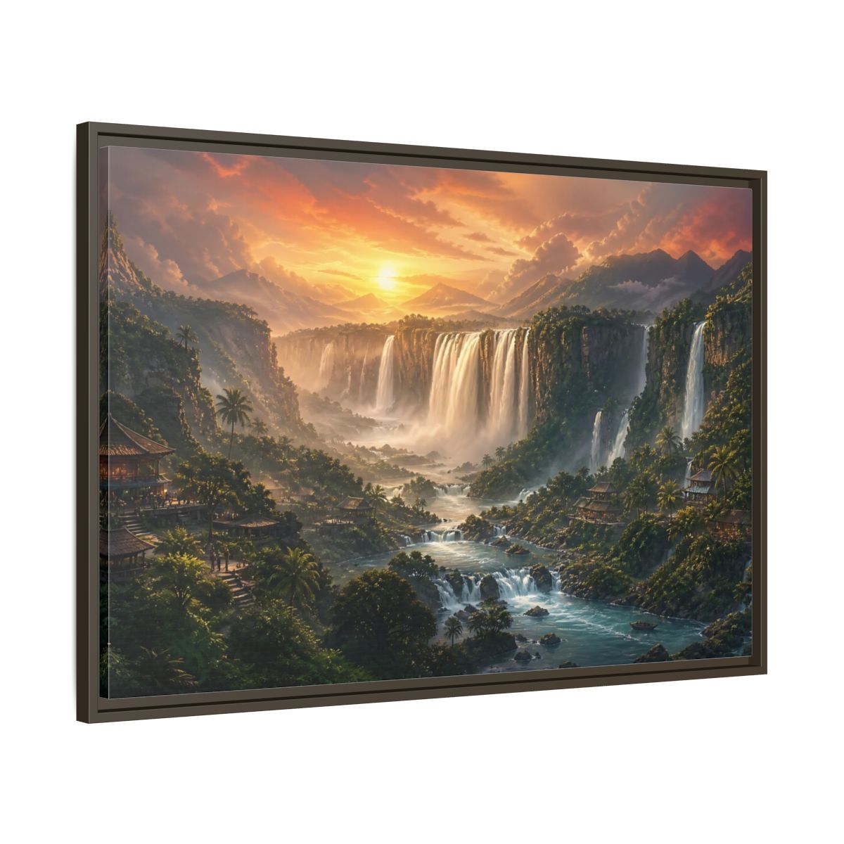 Main Mockup. Sunset Jungle Waterfalls shown as framed canvas print