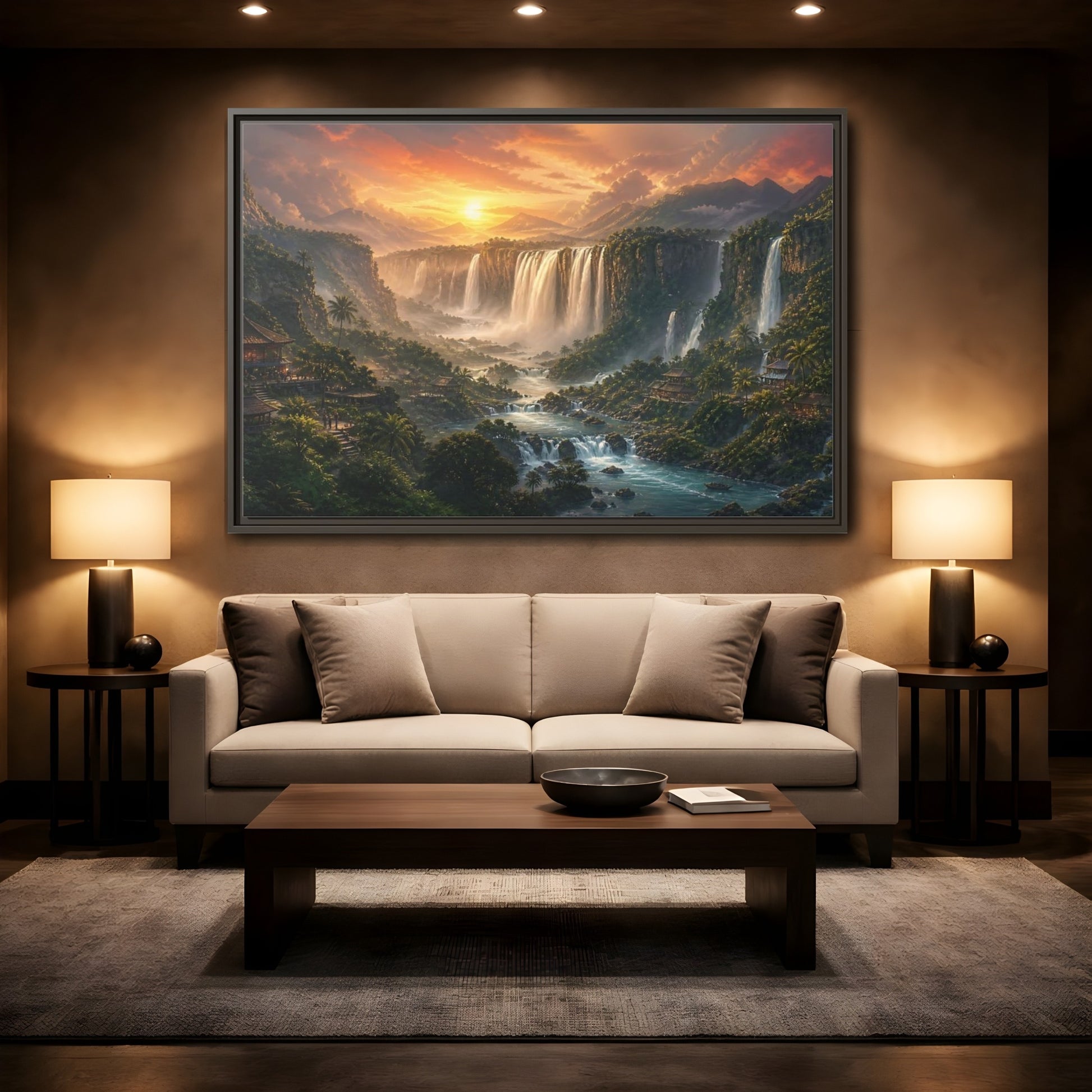 Mockup 2. Sunset Jungle Waterfalls shown as framed canvas print