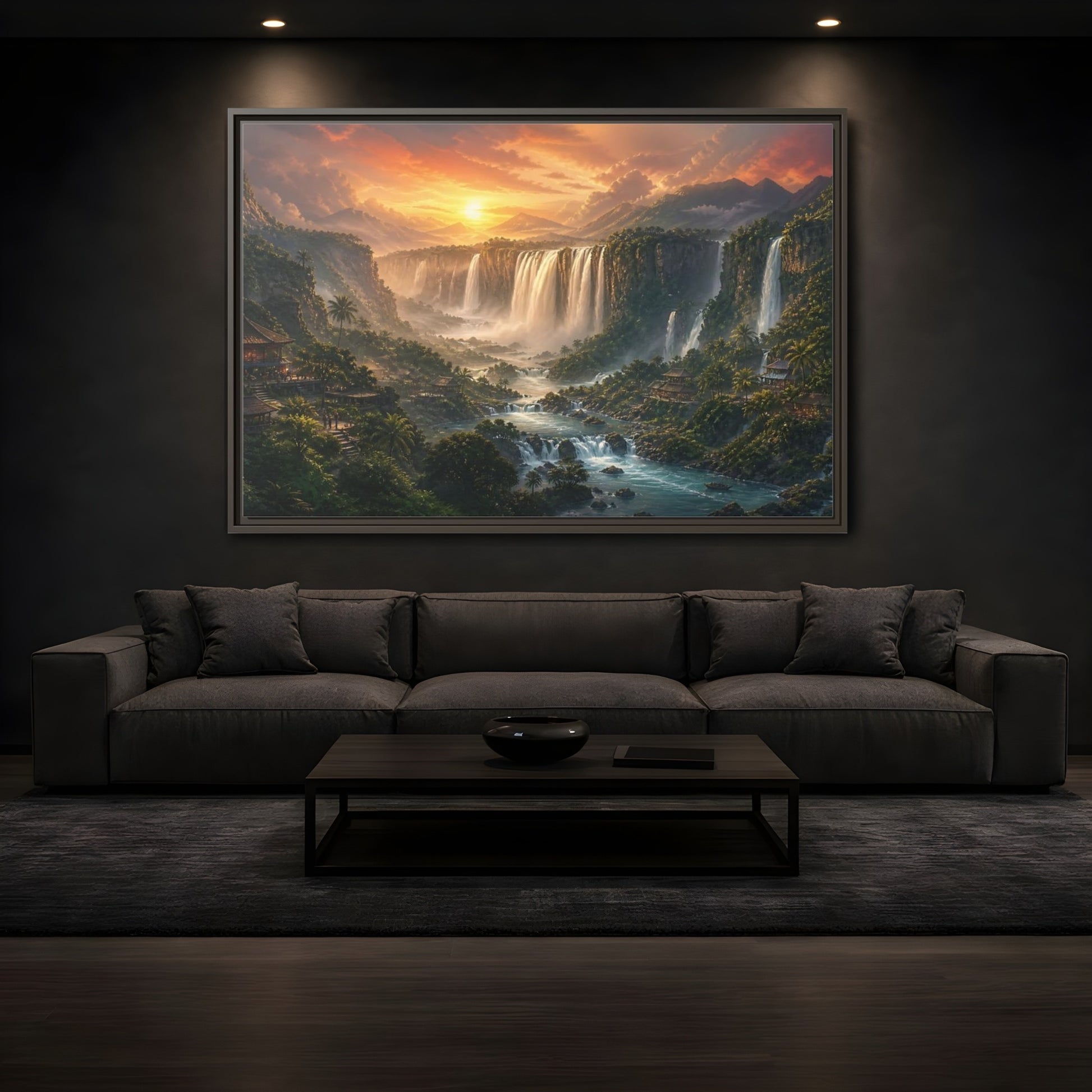 Mockup 3. Sunset Jungle Waterfalls shown as framed canvas print