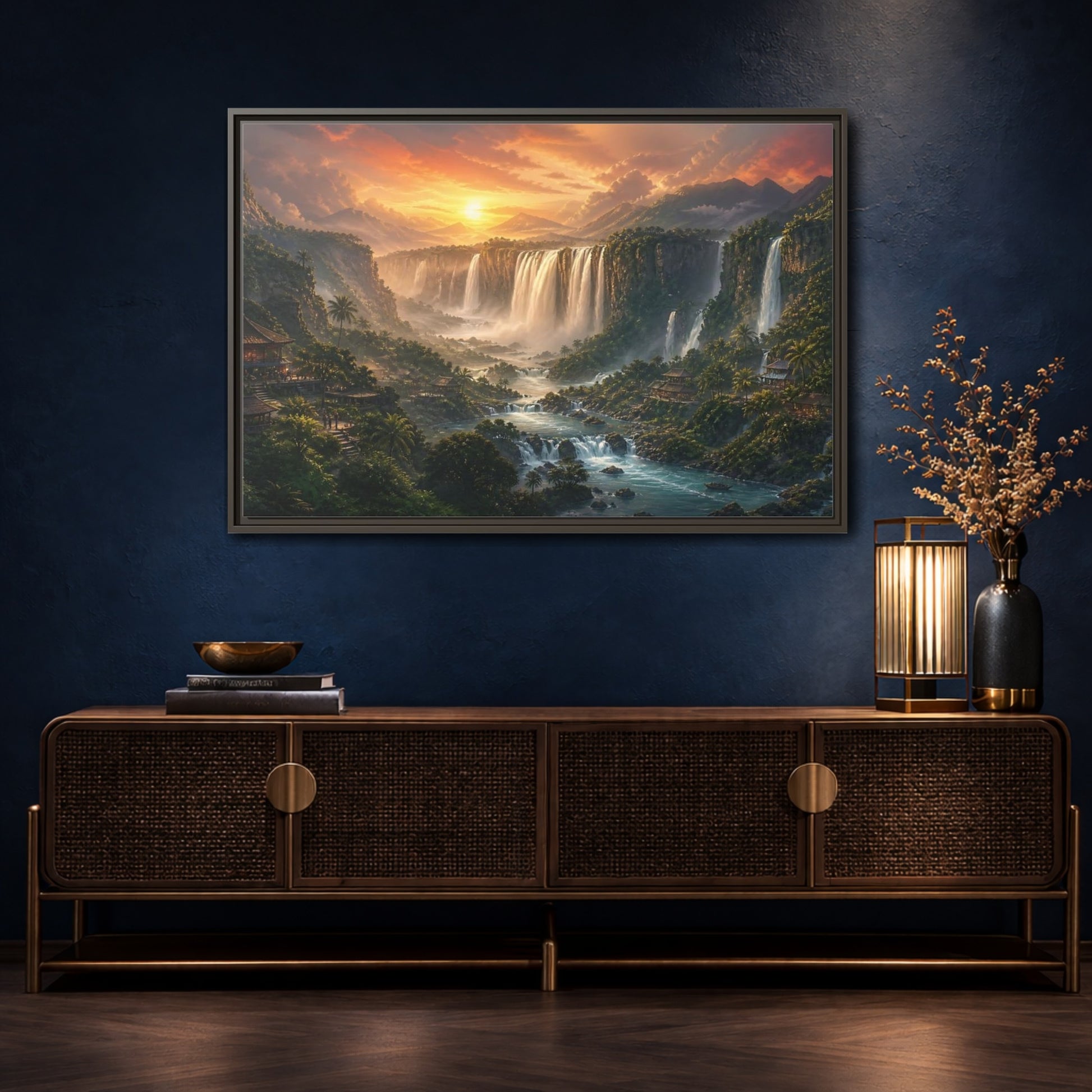 Mockup 4. Sunset Jungle Waterfalls shown as framed canvas print