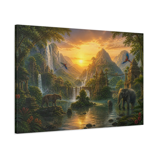 Main Mockup. Sunset Jungle With Wildlife shown as canvas print