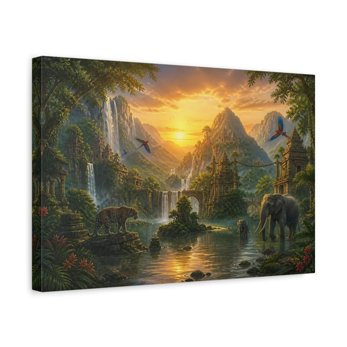 Side Mockup 4. Sunset Jungle With Wildlife shown as canvas print