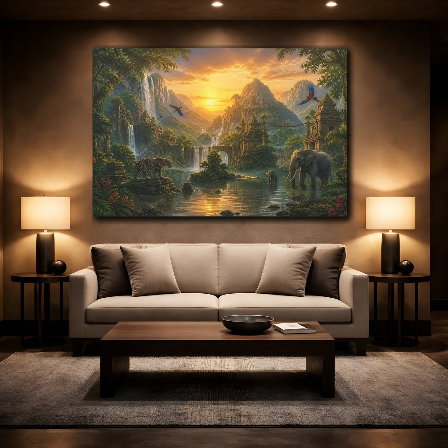 Mockup 2. Sunset Jungle With Wildlife shown as canvas print