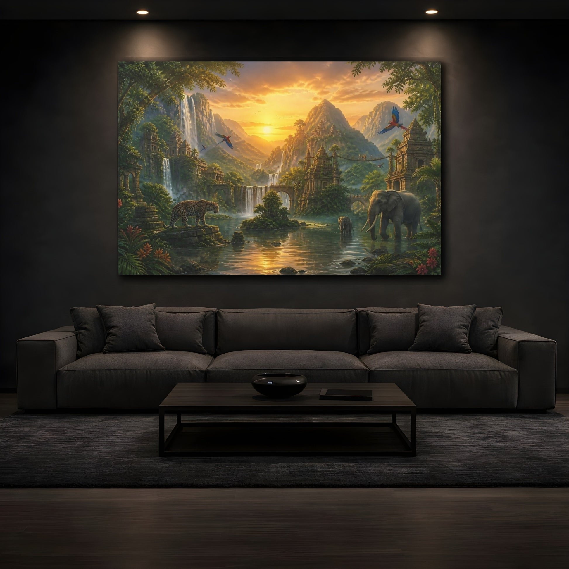 Mockup 3. Sunset Jungle With Wildlife shown as canvas print