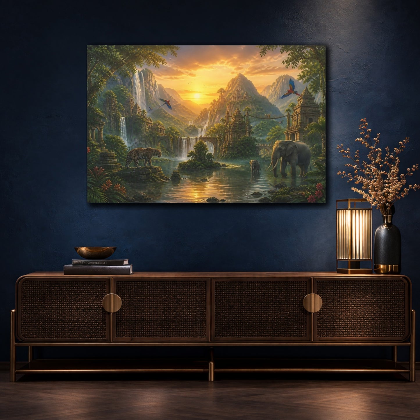 Mockup 4. Sunset Jungle With Wildlife shown as canvas print
