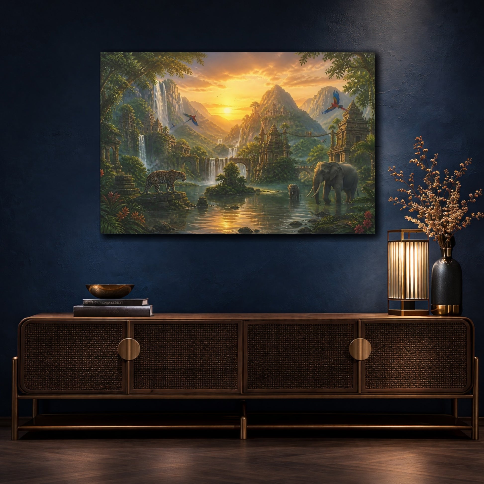 Mockup 4. Sunset Jungle With Wildlife shown as canvas print