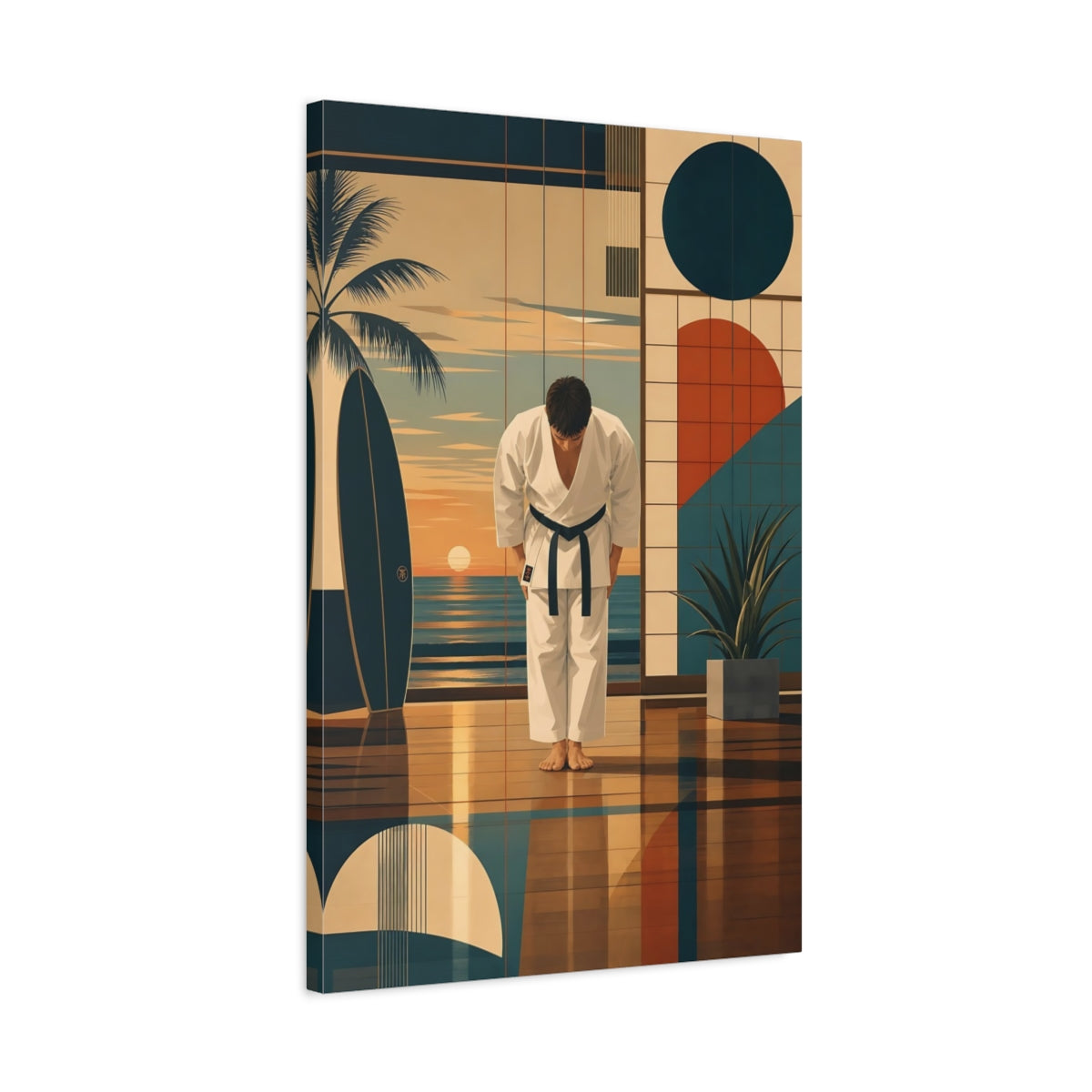 Side Mockup 2. Sunset Karate Bow shown as canvas print