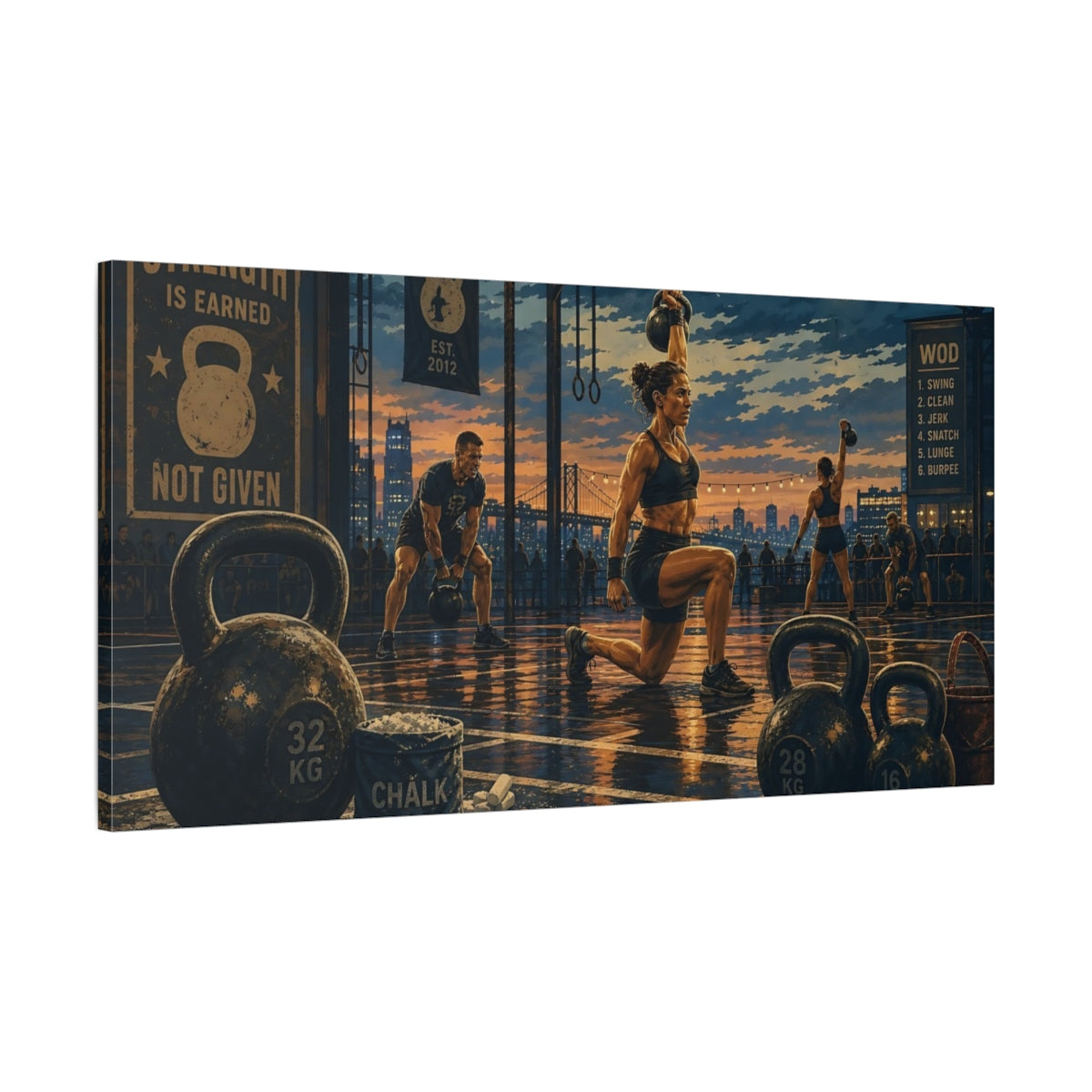 Main Mockup. Sunset Kettlebell Workout shown as canvas print