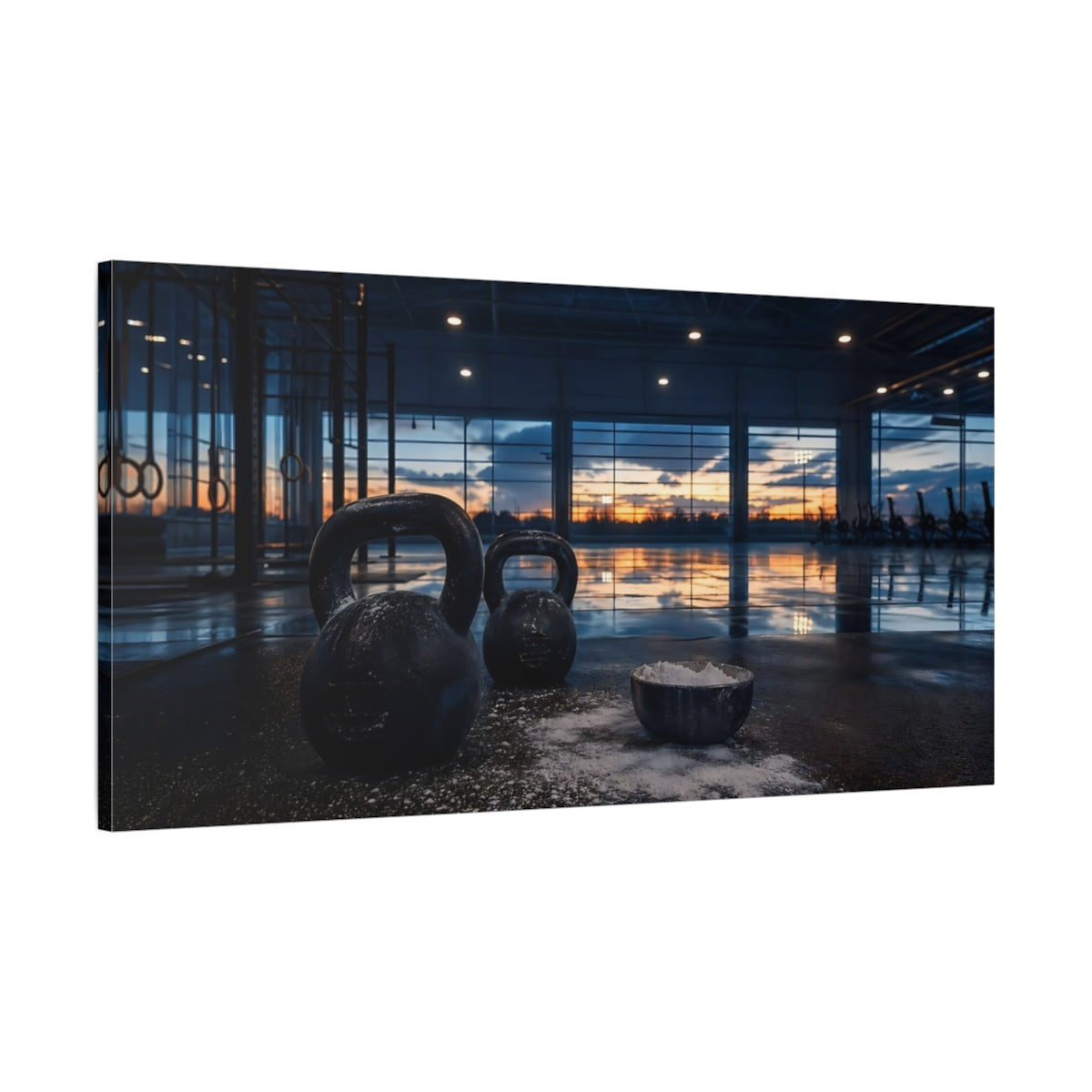 Main Mockup. Sunset Kettlebell Workout shown as canvas print