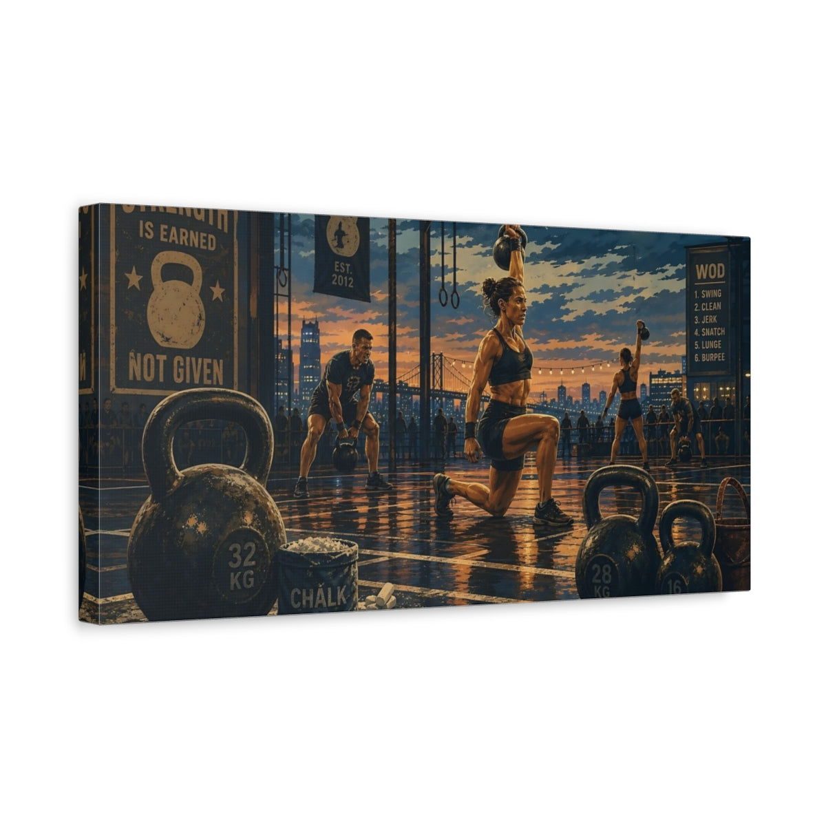 Side Mockup 3. Sunset Kettlebell Workout shown as canvas print