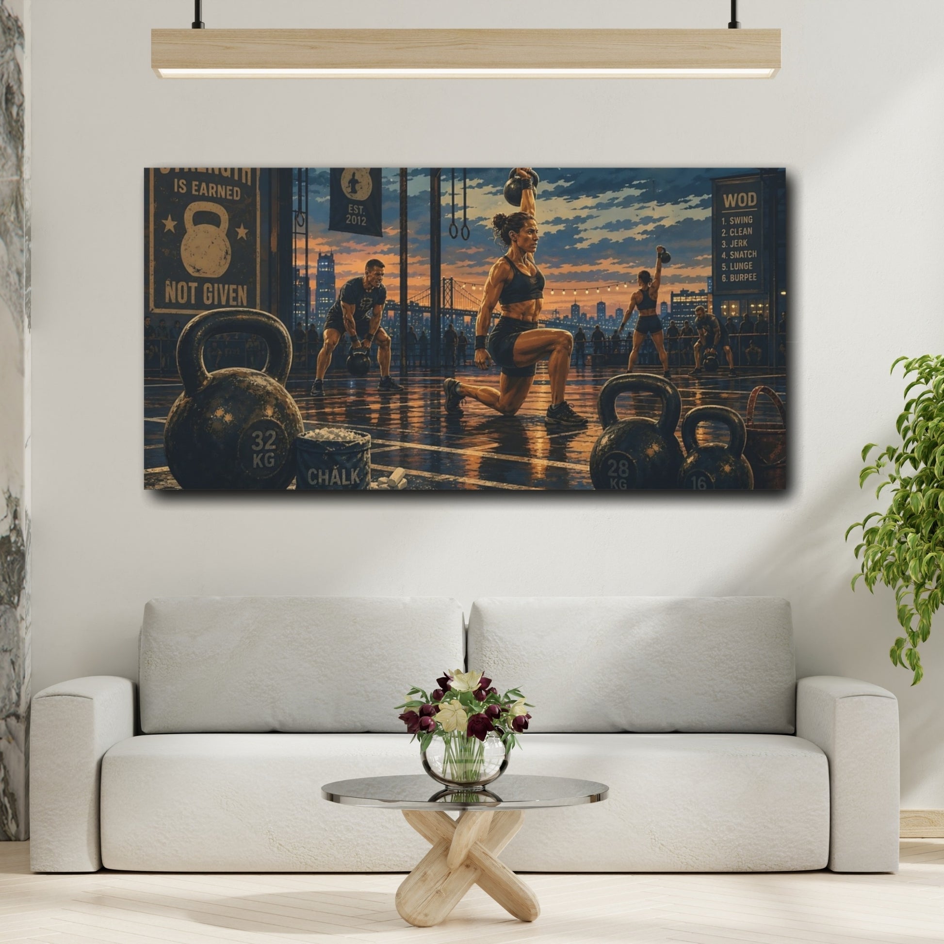 Mockup 2. Sunset Kettlebell Workout shown as canvas print