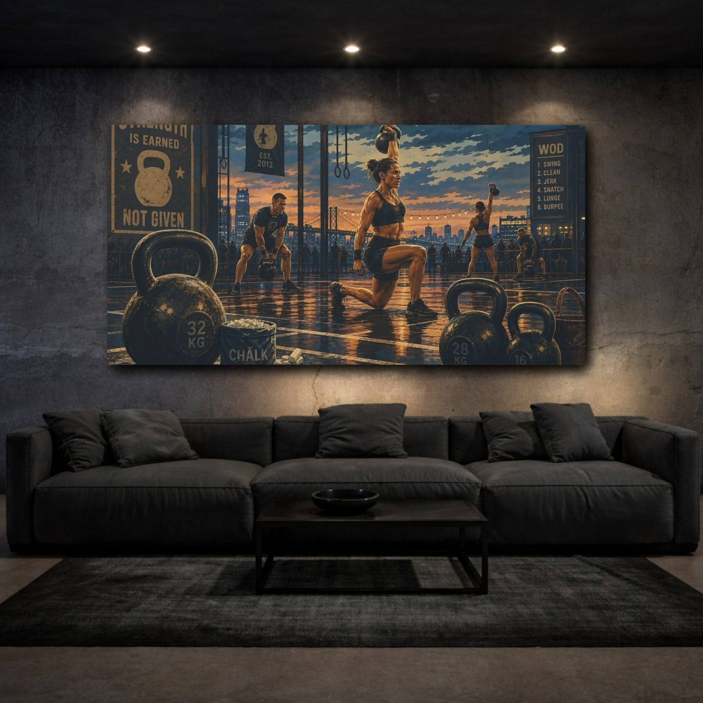 Mockup 3. Sunset Kettlebell Workout shown as canvas print