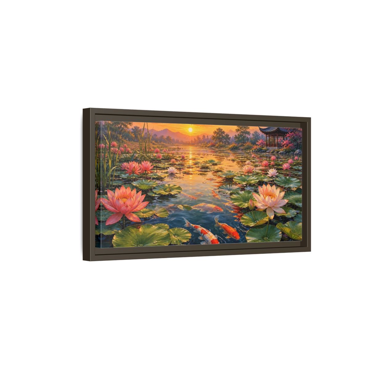Side Mockup 7. Sunset Koi And Lotus Pond shown as framed canvas print