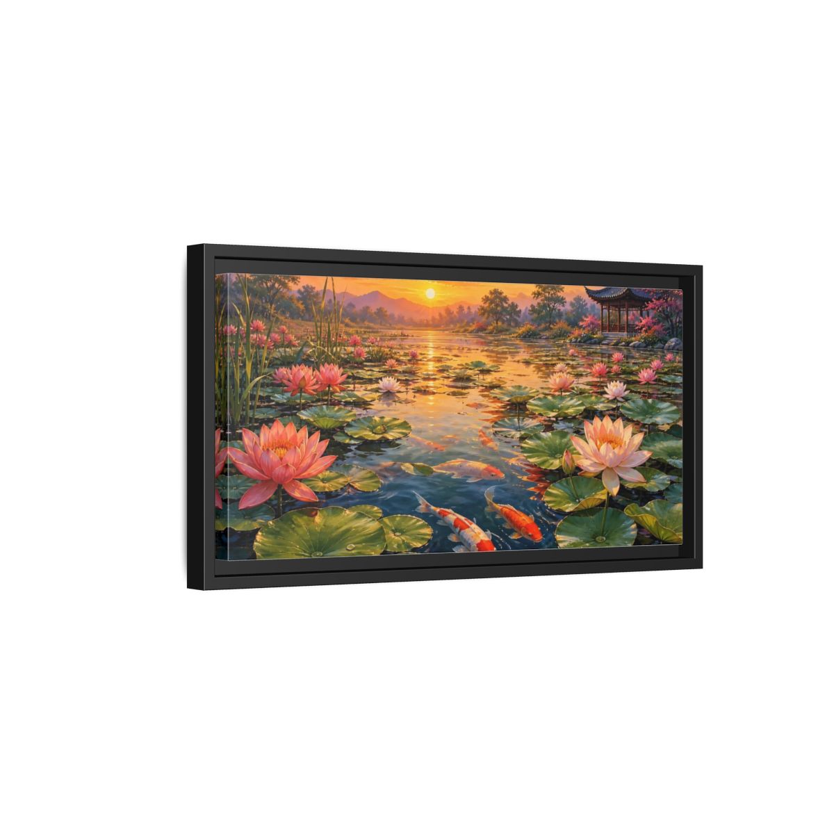 Side Mockup 8. Sunset Koi And Lotus Pond shown as framed canvas print