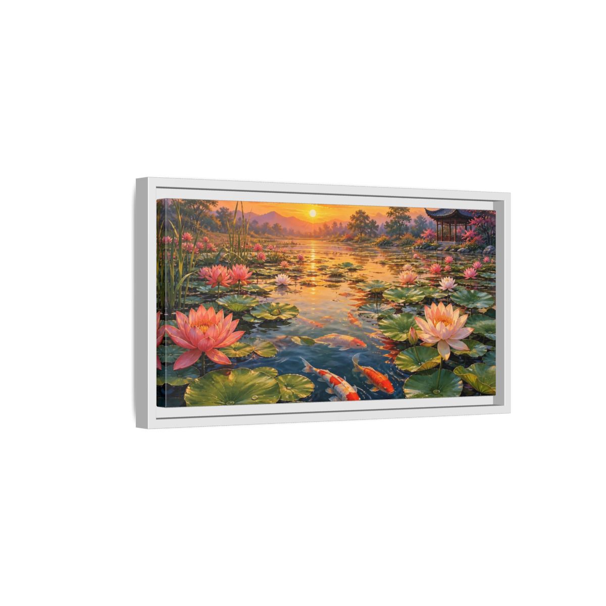 Side Mockup 6. Sunset Koi And Lotus Pond shown as framed canvas print