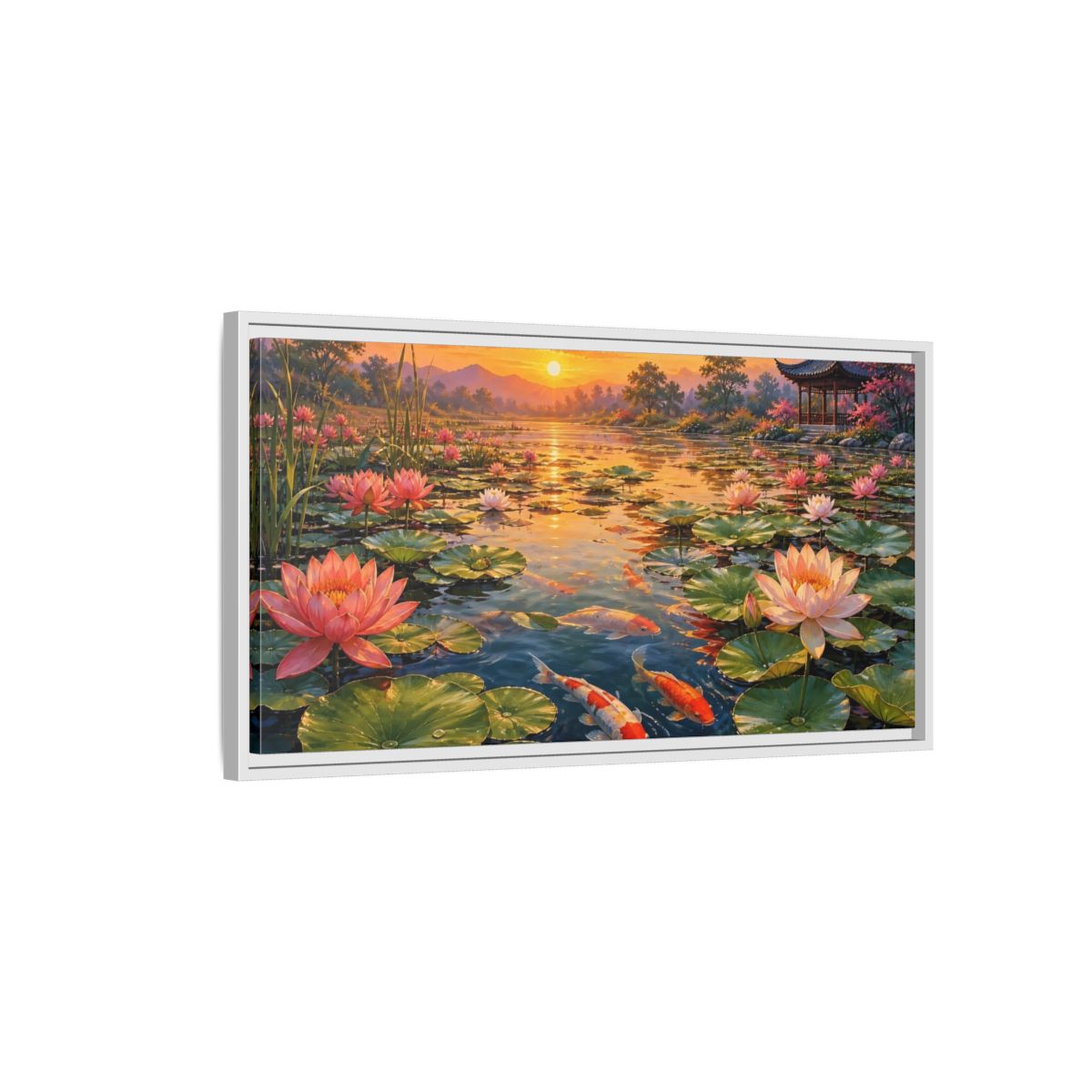 Side Mockup 1. Sunset Koi And Lotus Pond shown as framed canvas print