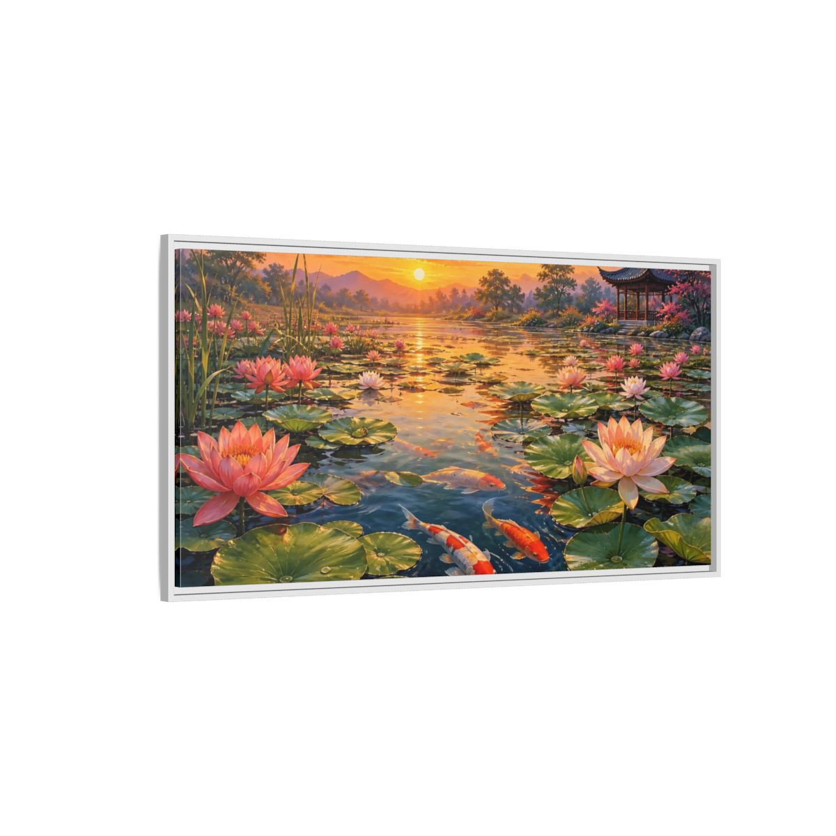 Side Mockup 3. Sunset Koi And Lotus Pond shown as framed canvas print