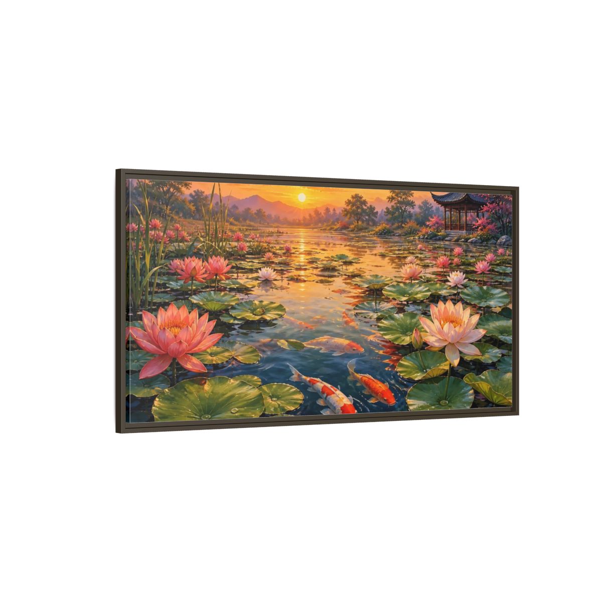 Side Mockup 4. Sunset Koi And Lotus Pond shown as framed canvas print
