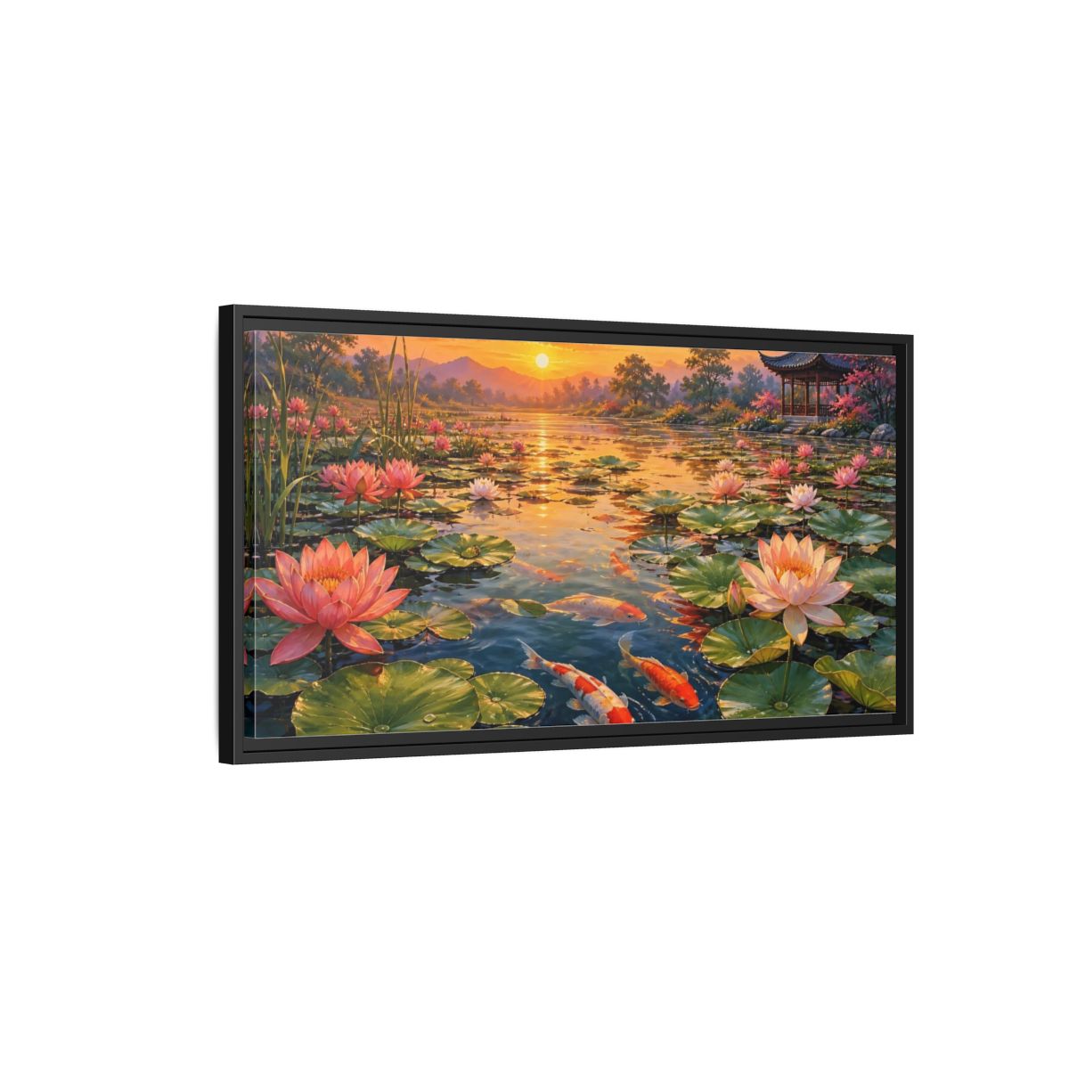 Side Mockup 2. Sunset Koi And Lotus Pond shown as framed canvas print