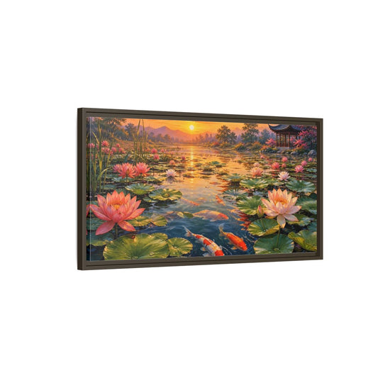 Main Mockup. Sunset Koi And Lotus Pond shown as framed canvas print