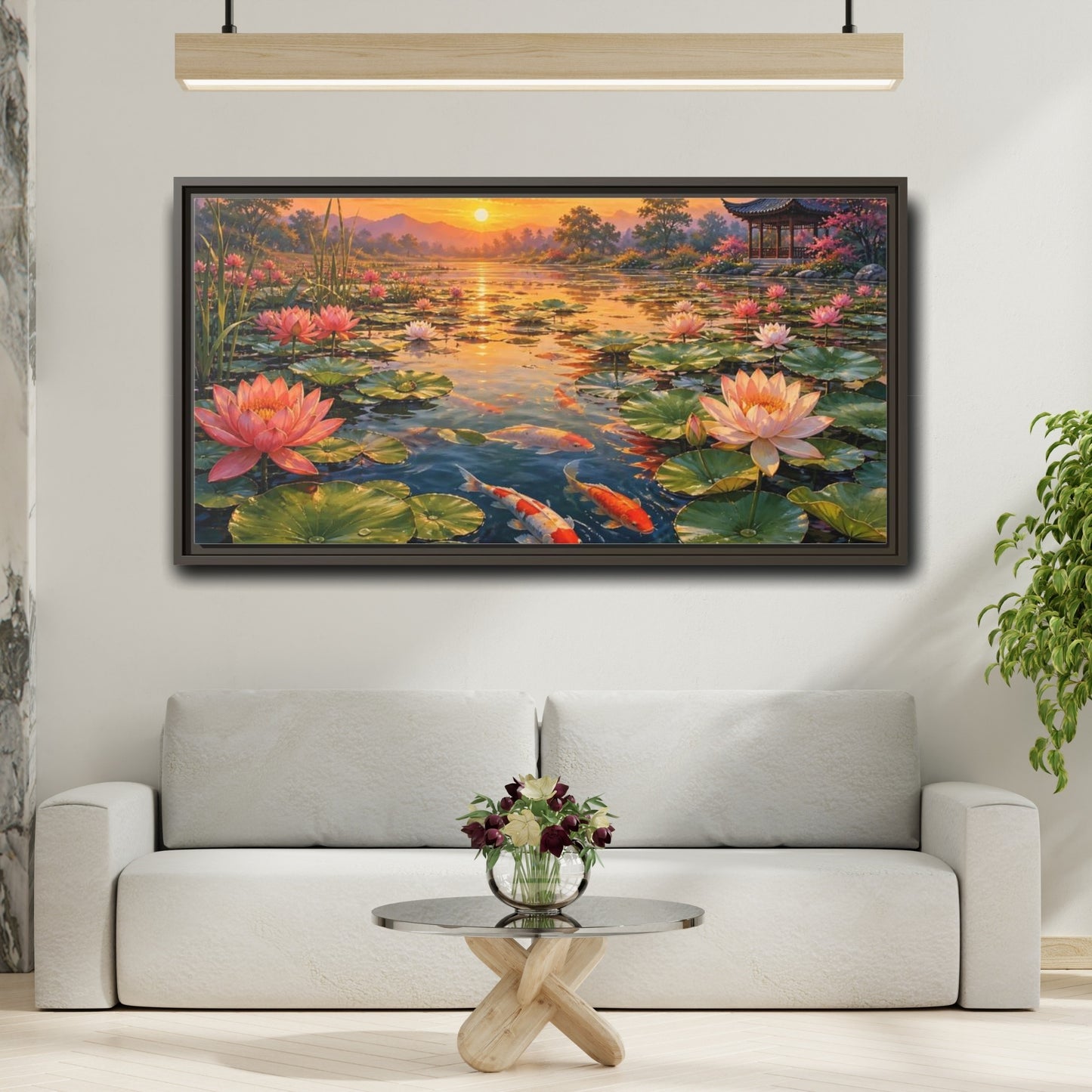 Mockup 2. Sunset Koi And Lotus Pond shown as framed canvas print