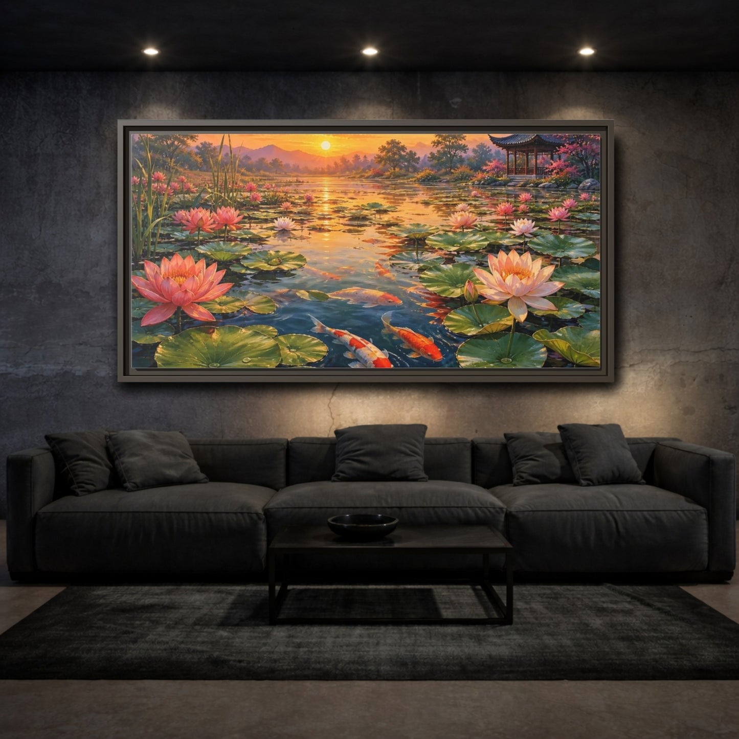 Mockup 3. Sunset Koi And Lotus Pond shown as framed canvas print
