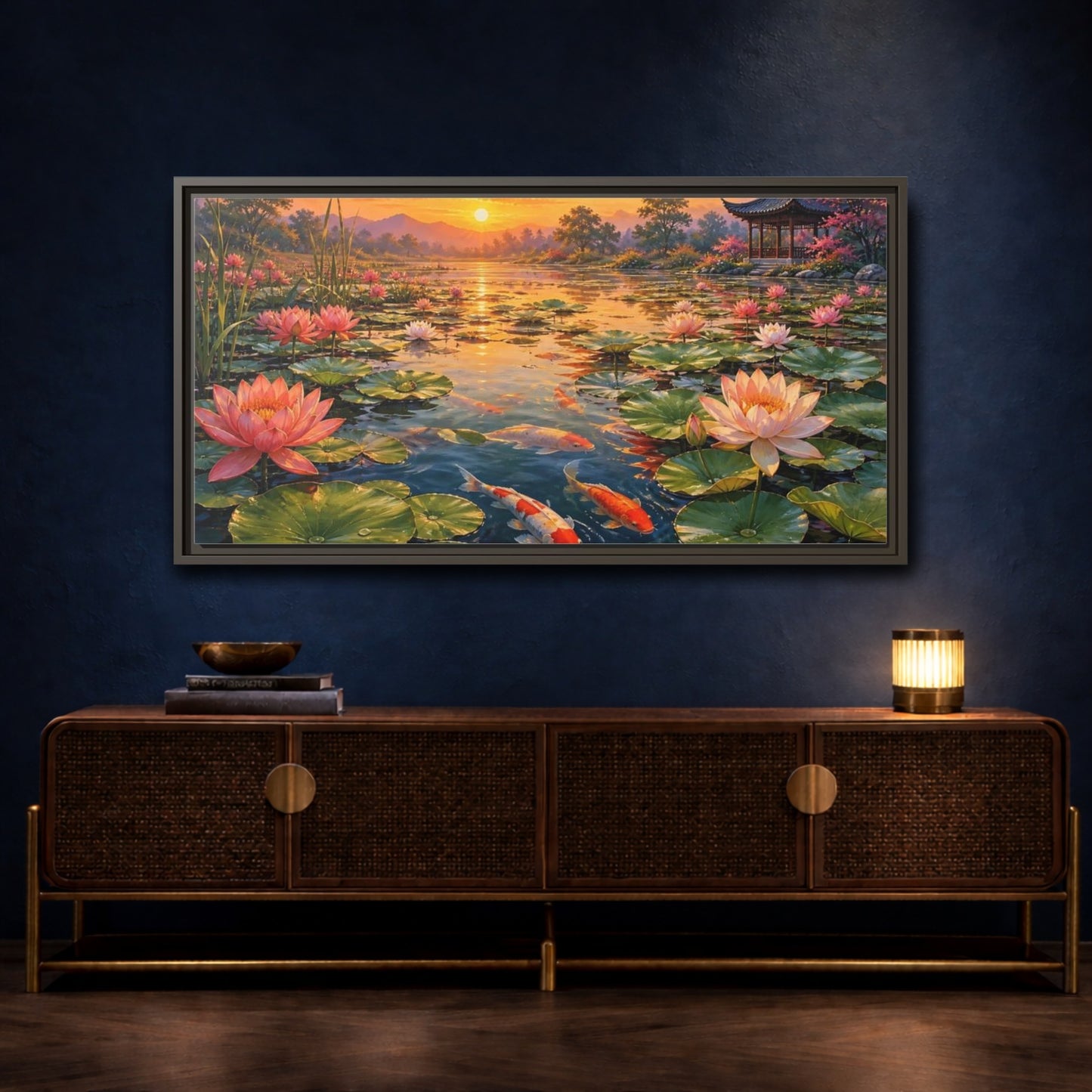 Mockup 4. Sunset Koi And Lotus Pond shown as framed canvas print