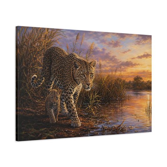Main Mockup. Sunset Leopard And Cub shown as canvas print