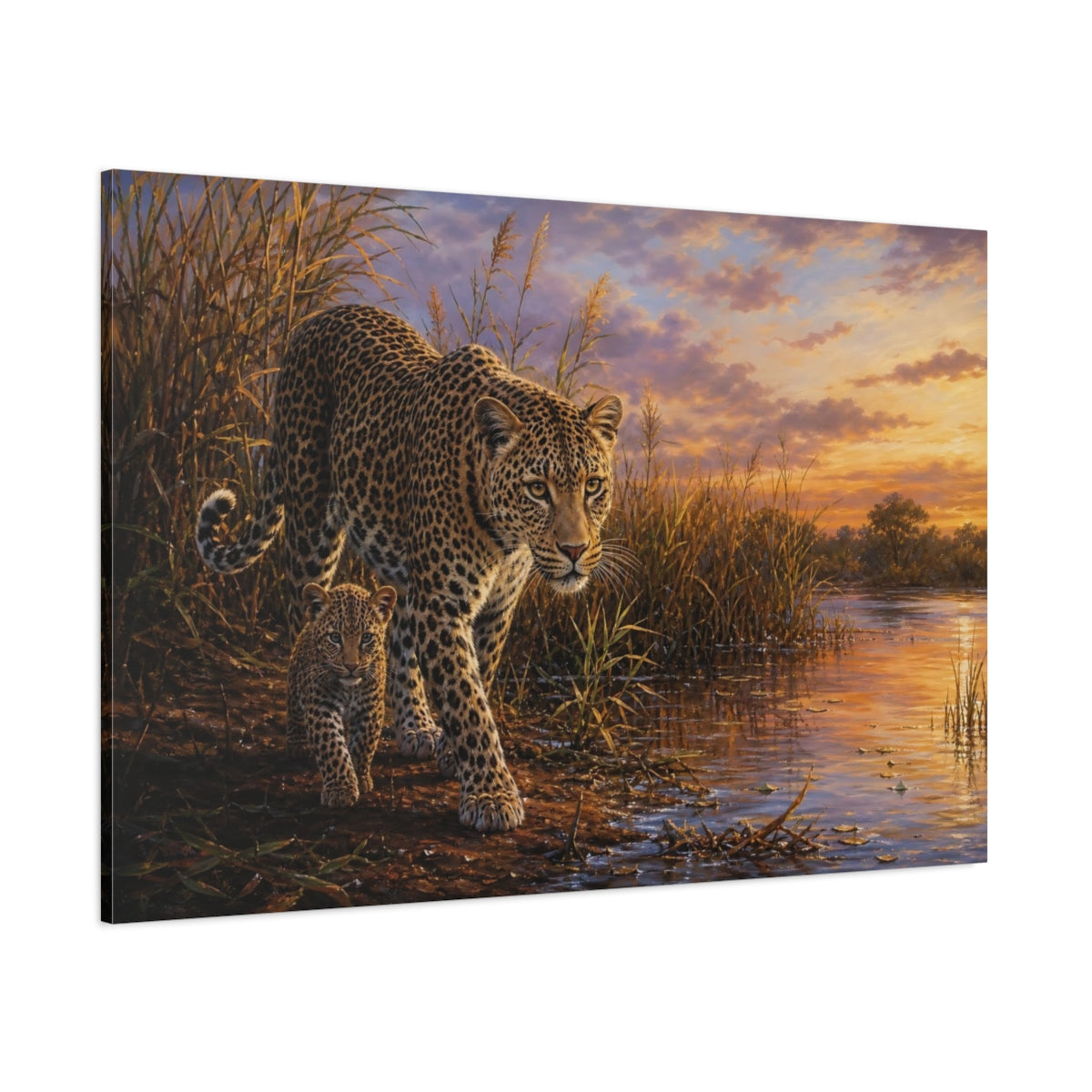 Side Mockup 1. Sunset Leopard And Cub shown as canvas print