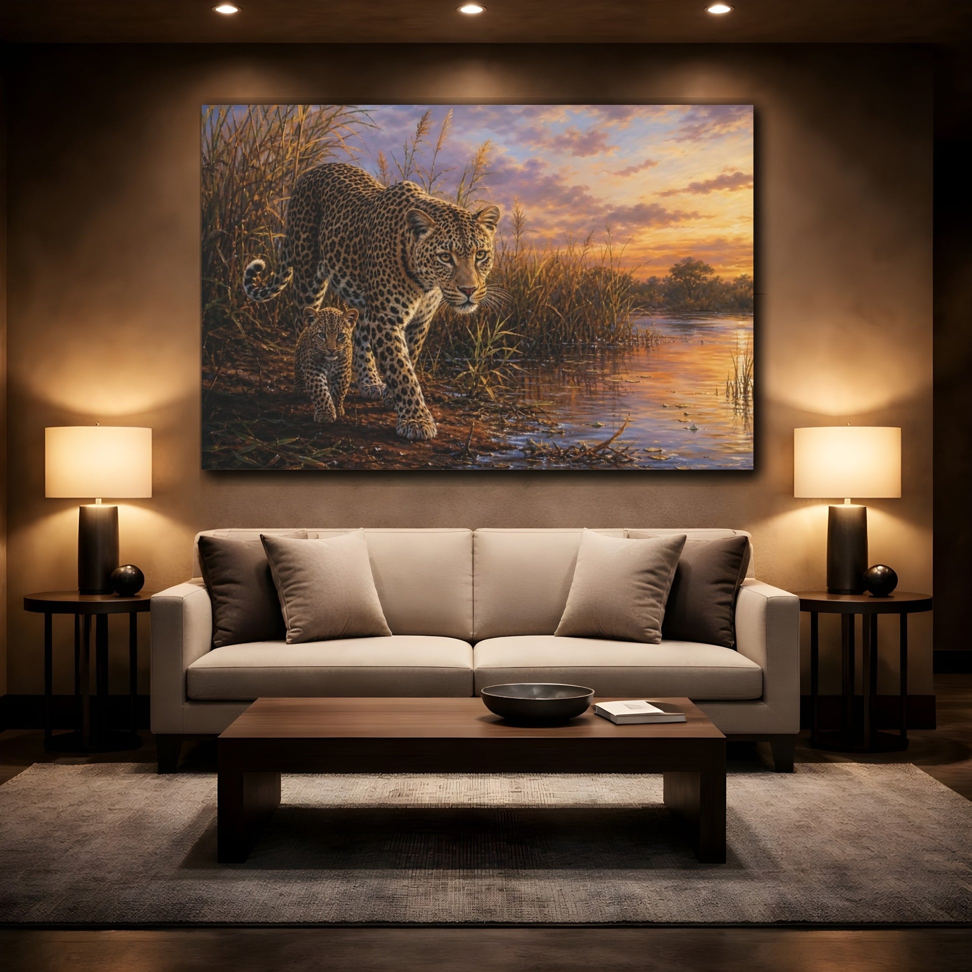 Mockup 2. Sunset Leopard And Cub shown as canvas print