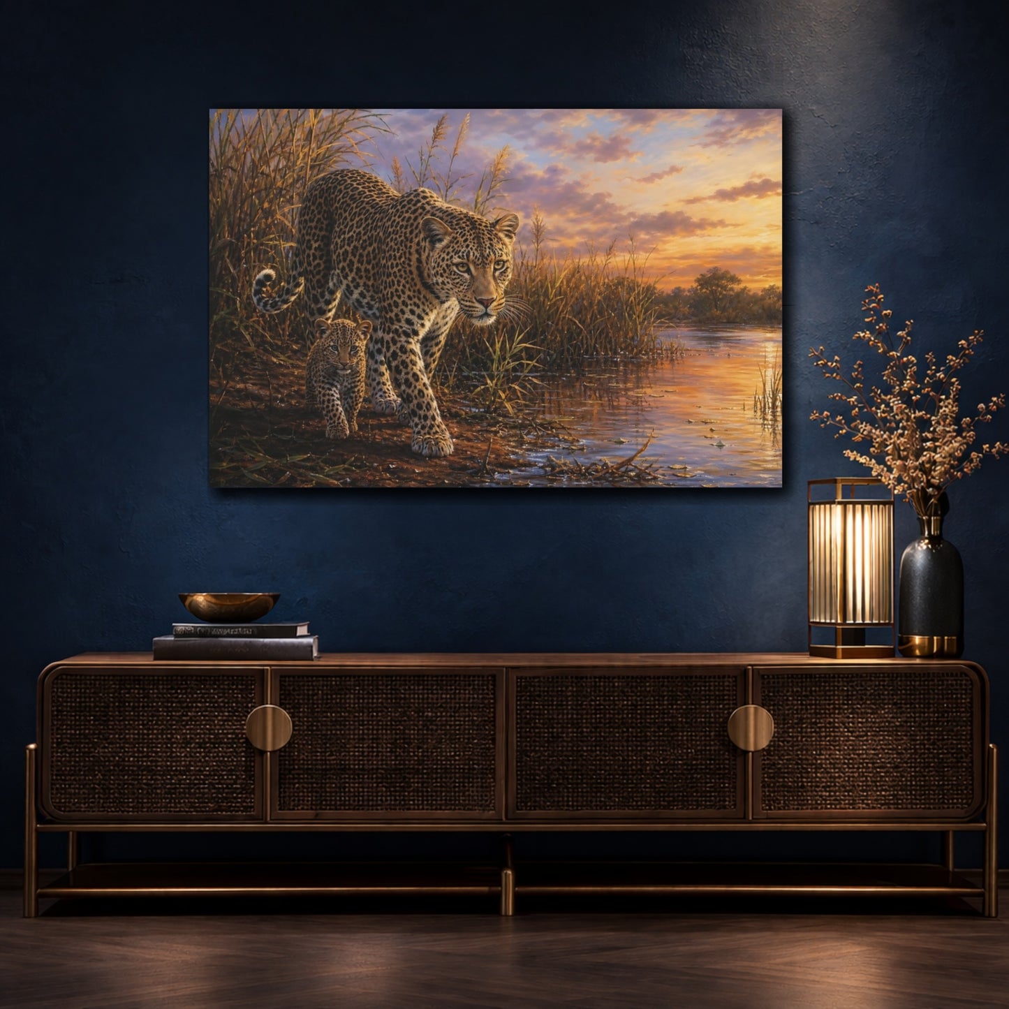 Mockup 4. Sunset Leopard And Cub shown as canvas print