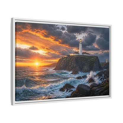 Side Mockup 10. Sunset Lighthouse Landscape shown as framed canvas print
