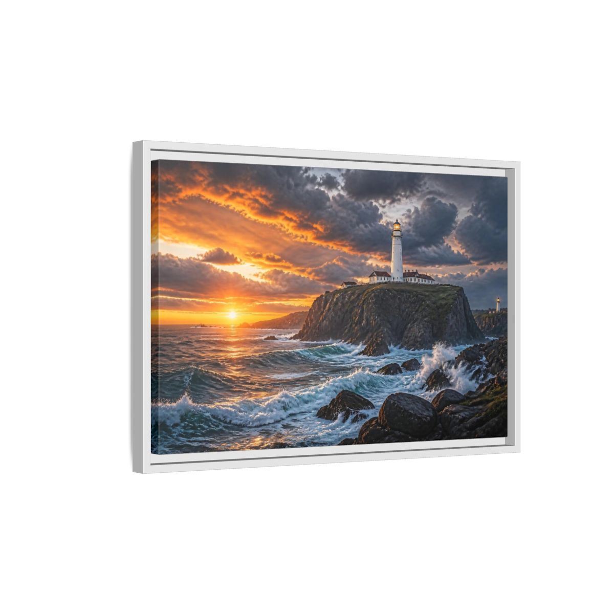 Side Mockup 1. Sunset Lighthouse Landscape shown as framed canvas print