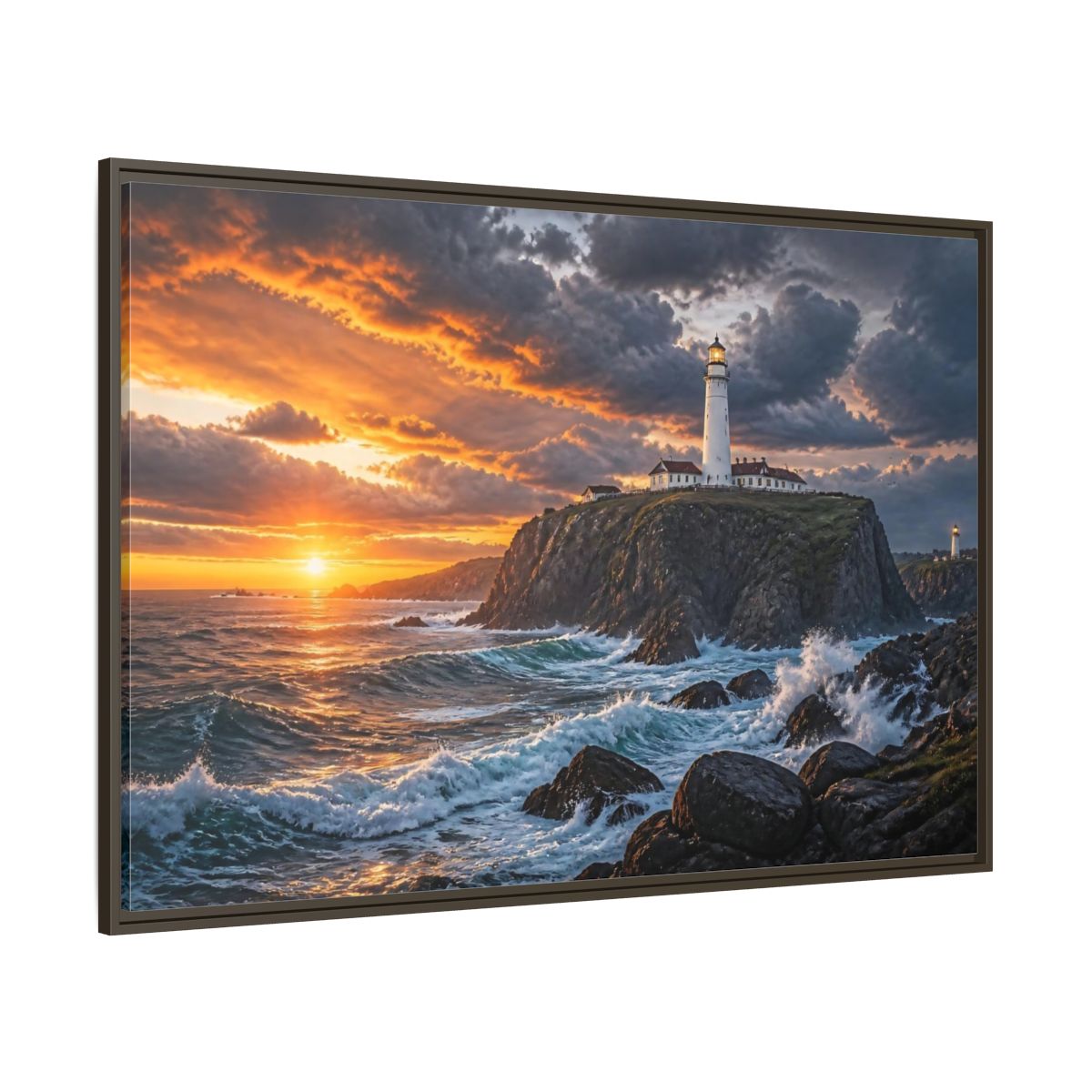 Side Mockup 8. Sunset Lighthouse Landscape shown as framed canvas print