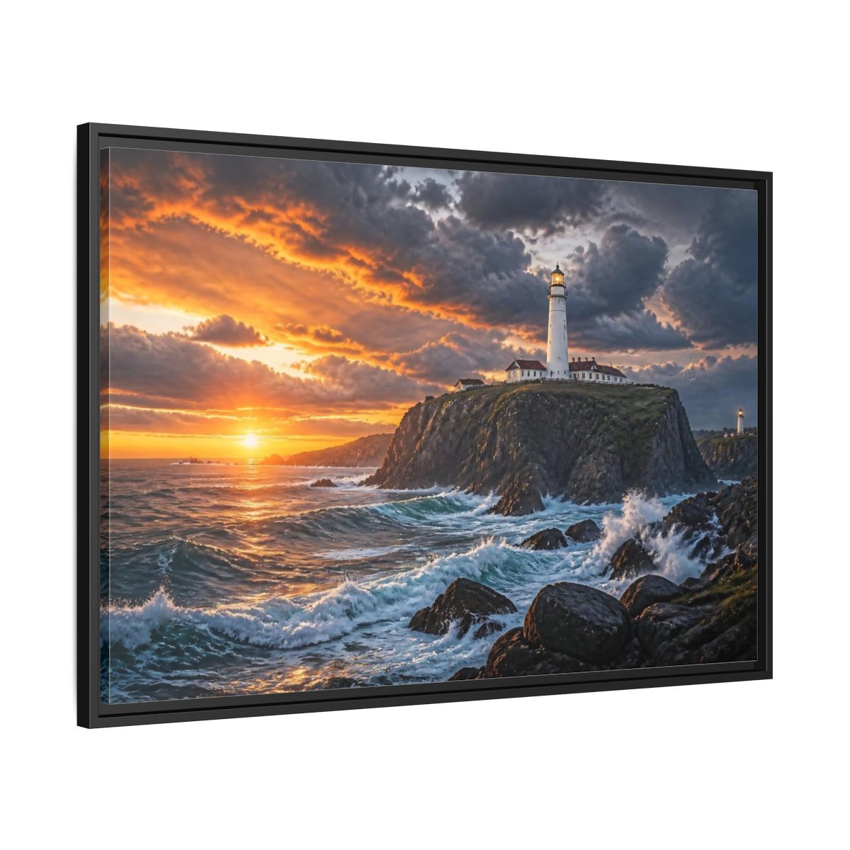 Side Mockup 13. Sunset Lighthouse Landscape shown as framed canvas print